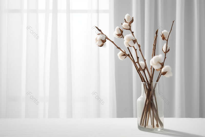 白色桌面上的棉花插花清新场景,高清,摄影图,摄影图片,图片大全,摄影图免费下载